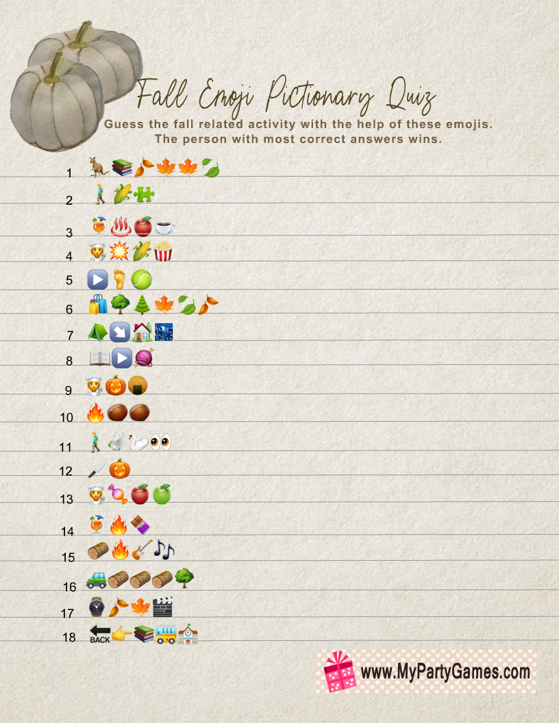 Free Printable Fall Emoji Pictionary Quiz With Answer Key