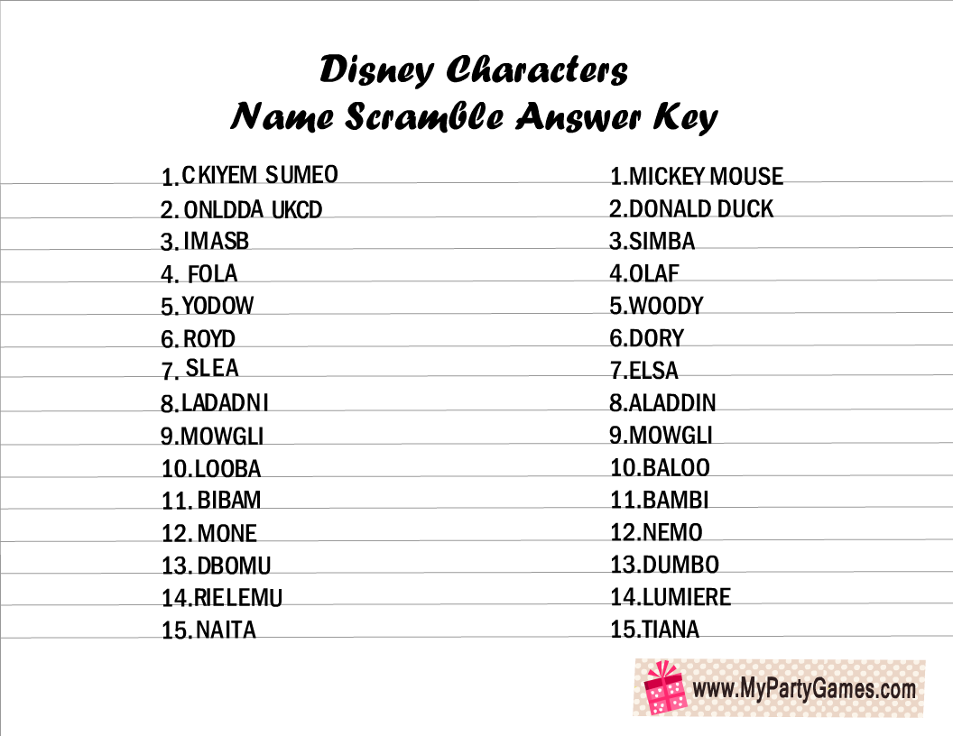 Free Printable Famous Disney Characters Name Scramble Puzzle