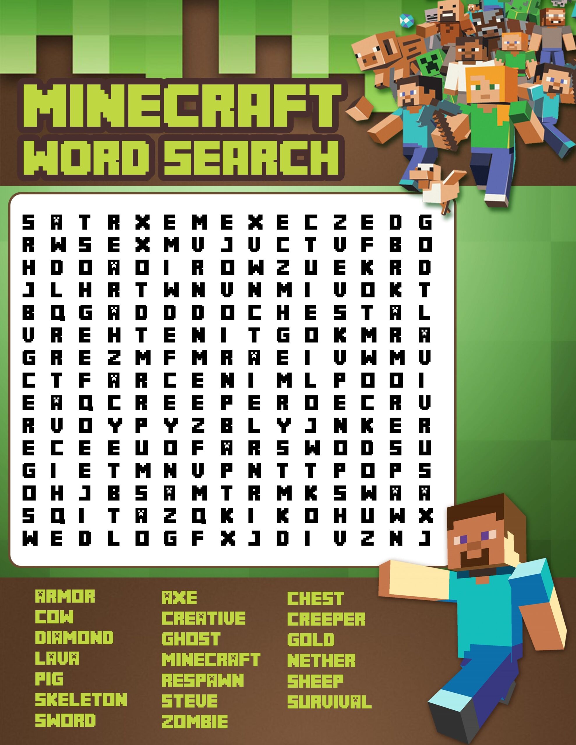 Free Printable Mine Craft Word Search