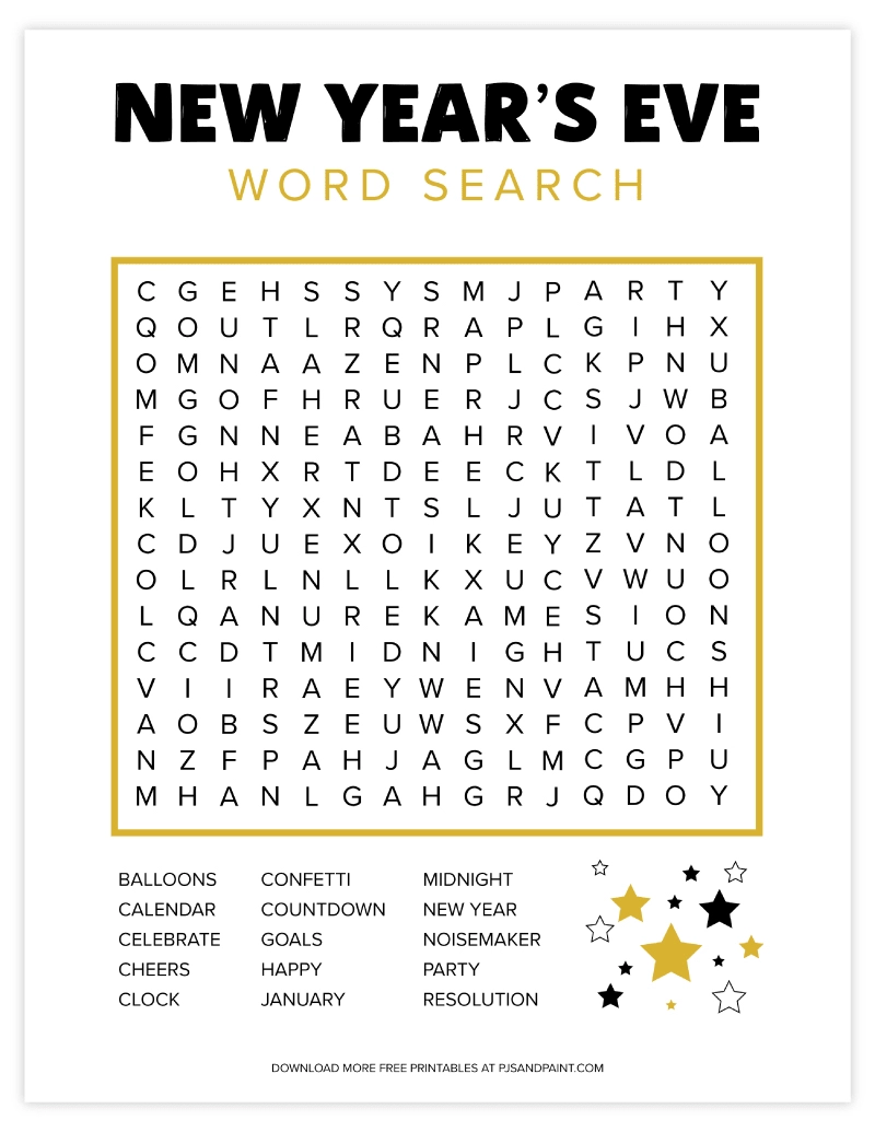 Free Printable New Year s Eve Word Search Pjs And Paint