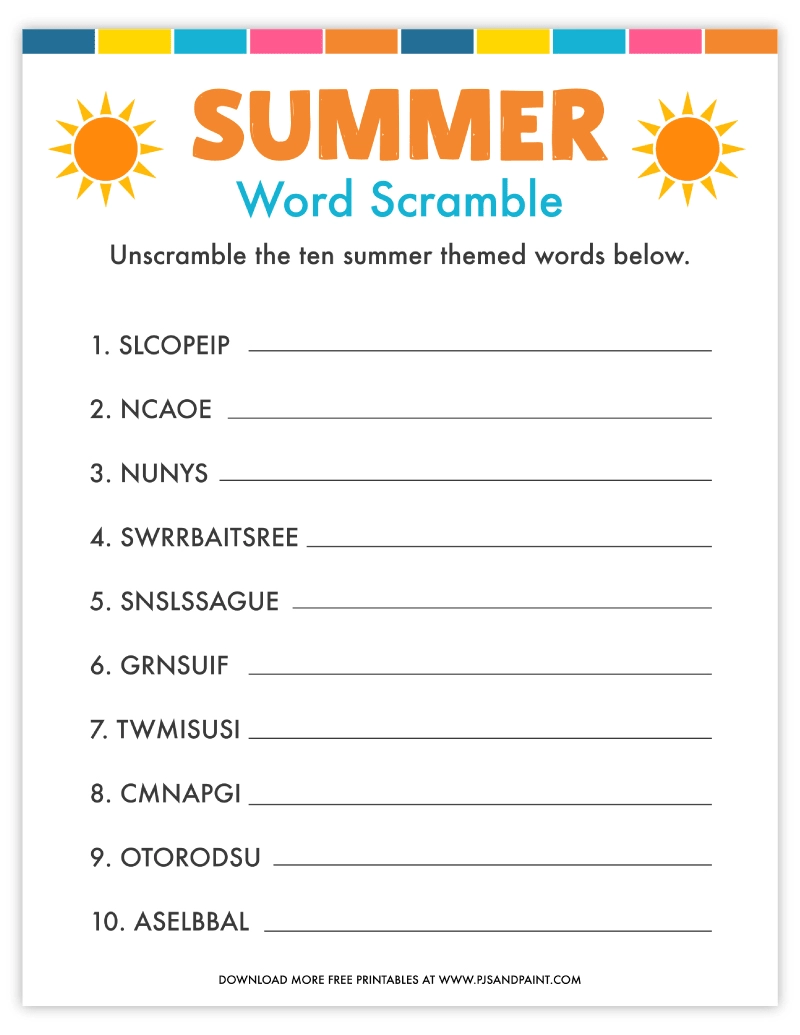 free printable summer word scramble pjs and paint
