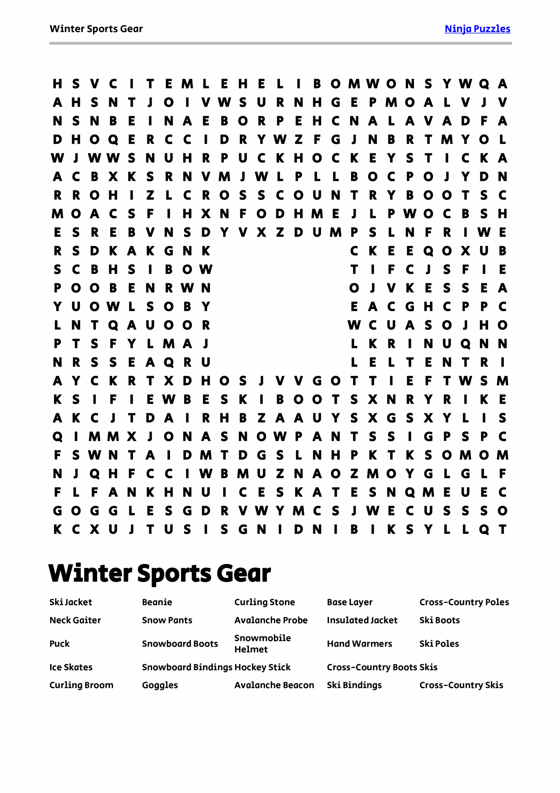 Free Printable Winter Sports Gear Themed Word Search Puzzle Free Printable PDF