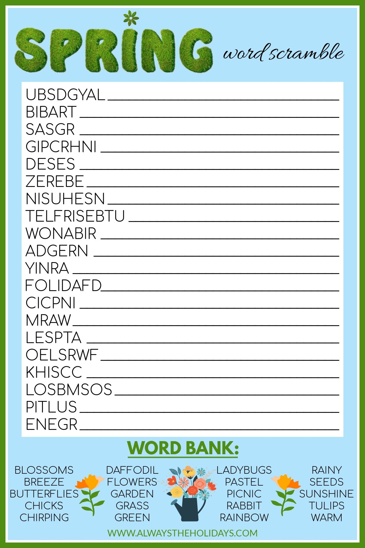 Free Spring Printable Spring Word Scramble With Answers