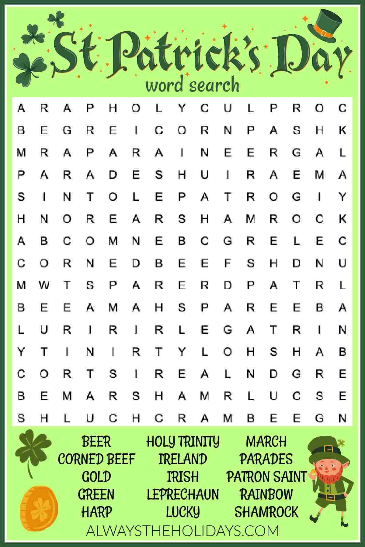 Free St Patrick s Day Word Search Printable Answers Included