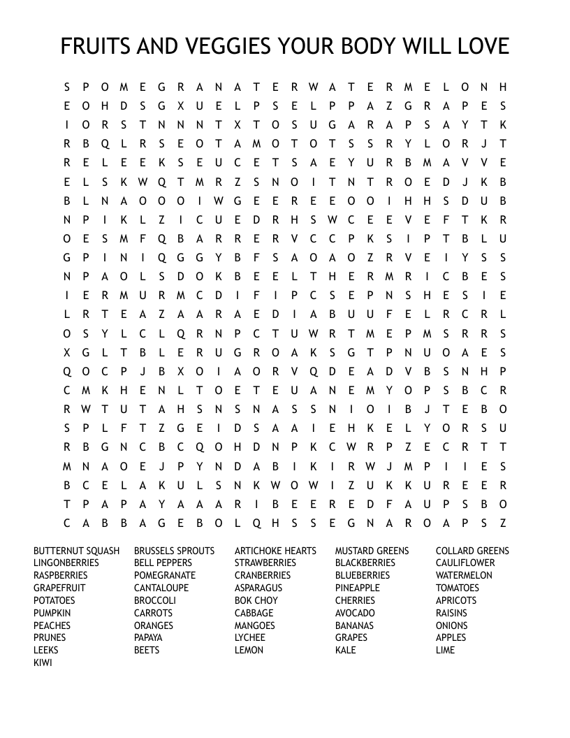 FRUITS AND VEGGIES YOUR BODY WILL LOVE Word Search WordMint