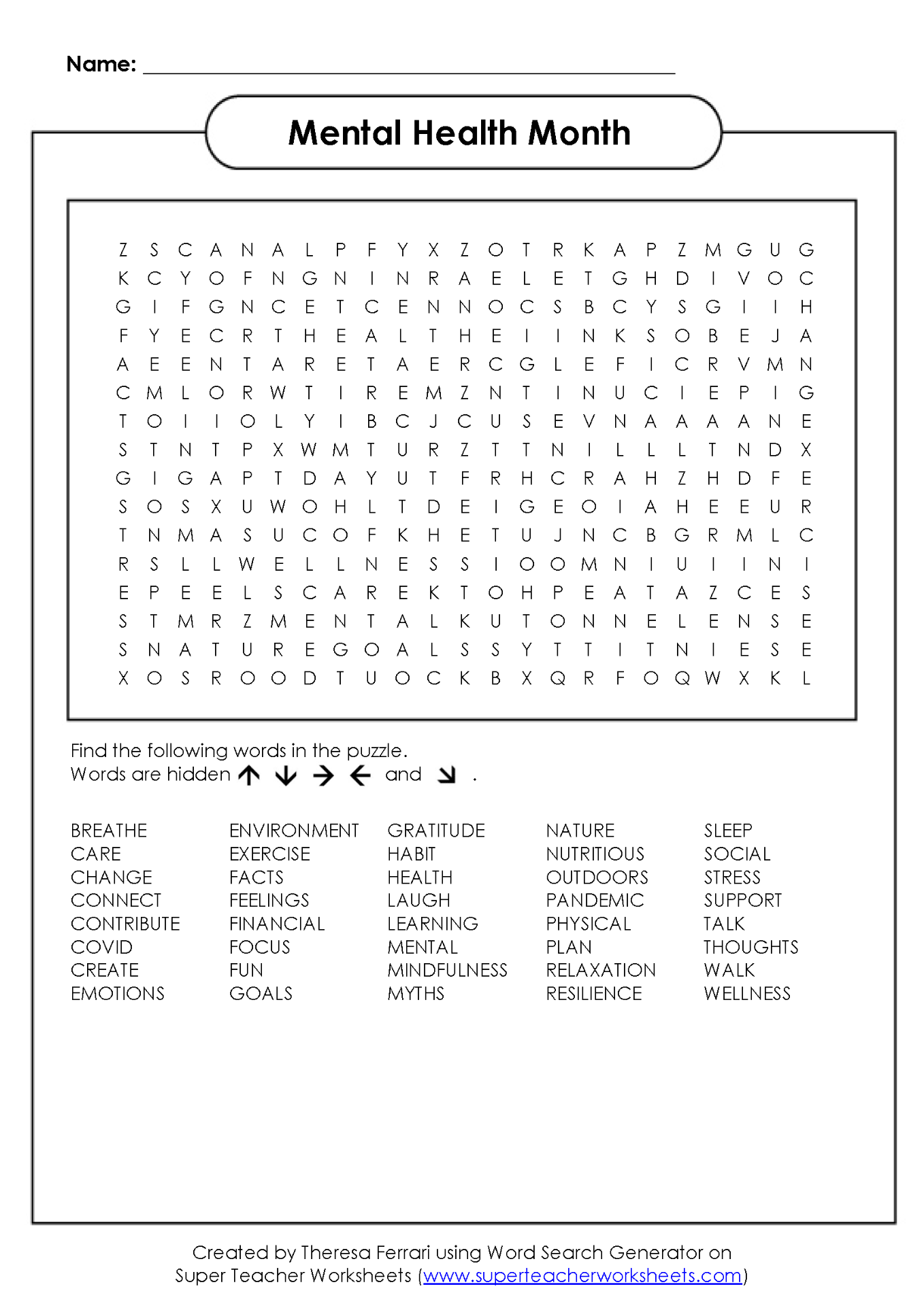 Printable Mental Health Word Search