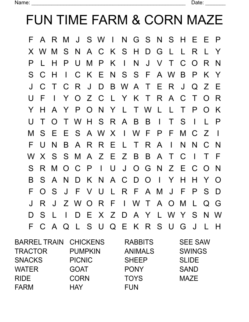 FUN TIME FARM CORN MAZE Word Search WordMint