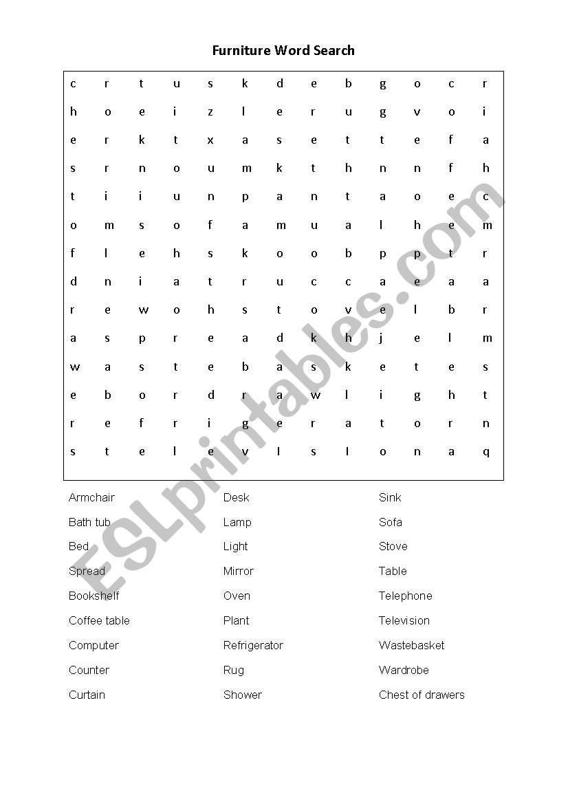 Furniture Word Search ESL Worksheet By Stylepeach