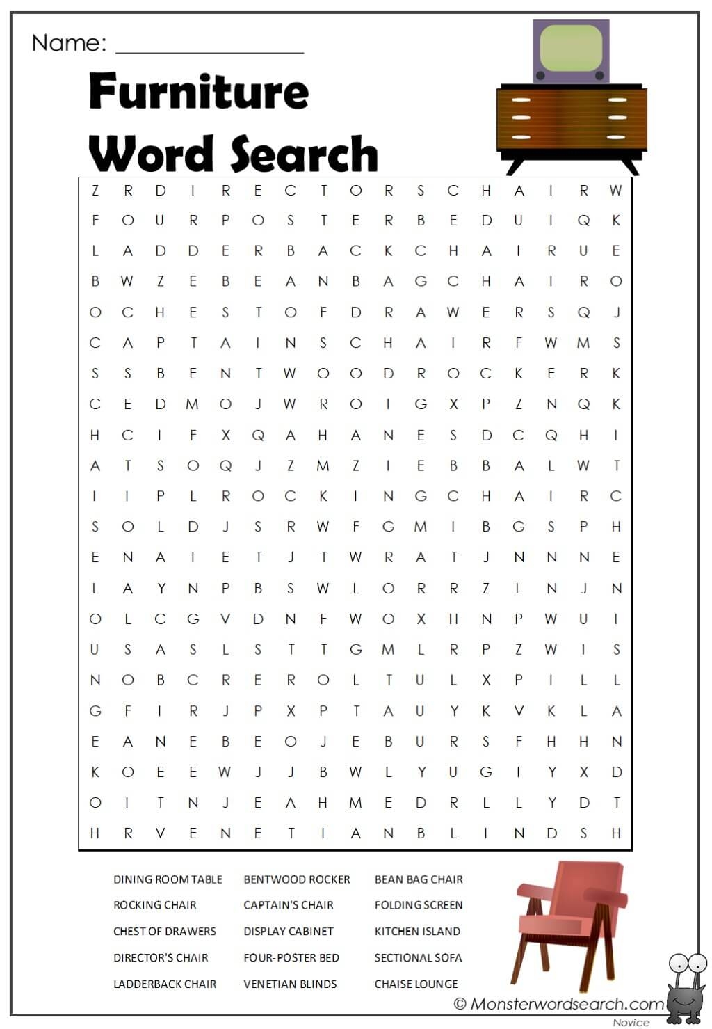 Furniture Word Search Monster Word Search