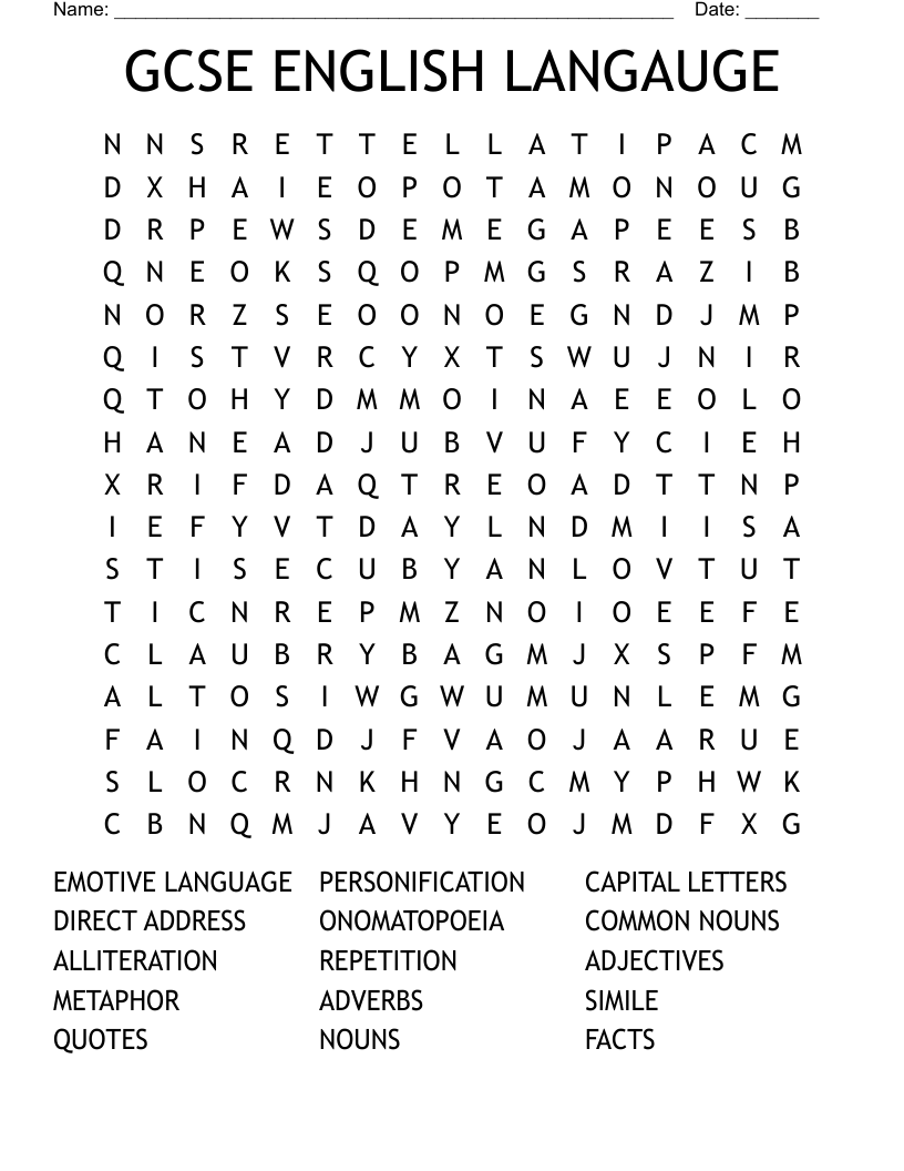 GCSE ENGLISH LANGAUGE Word Search WordMint