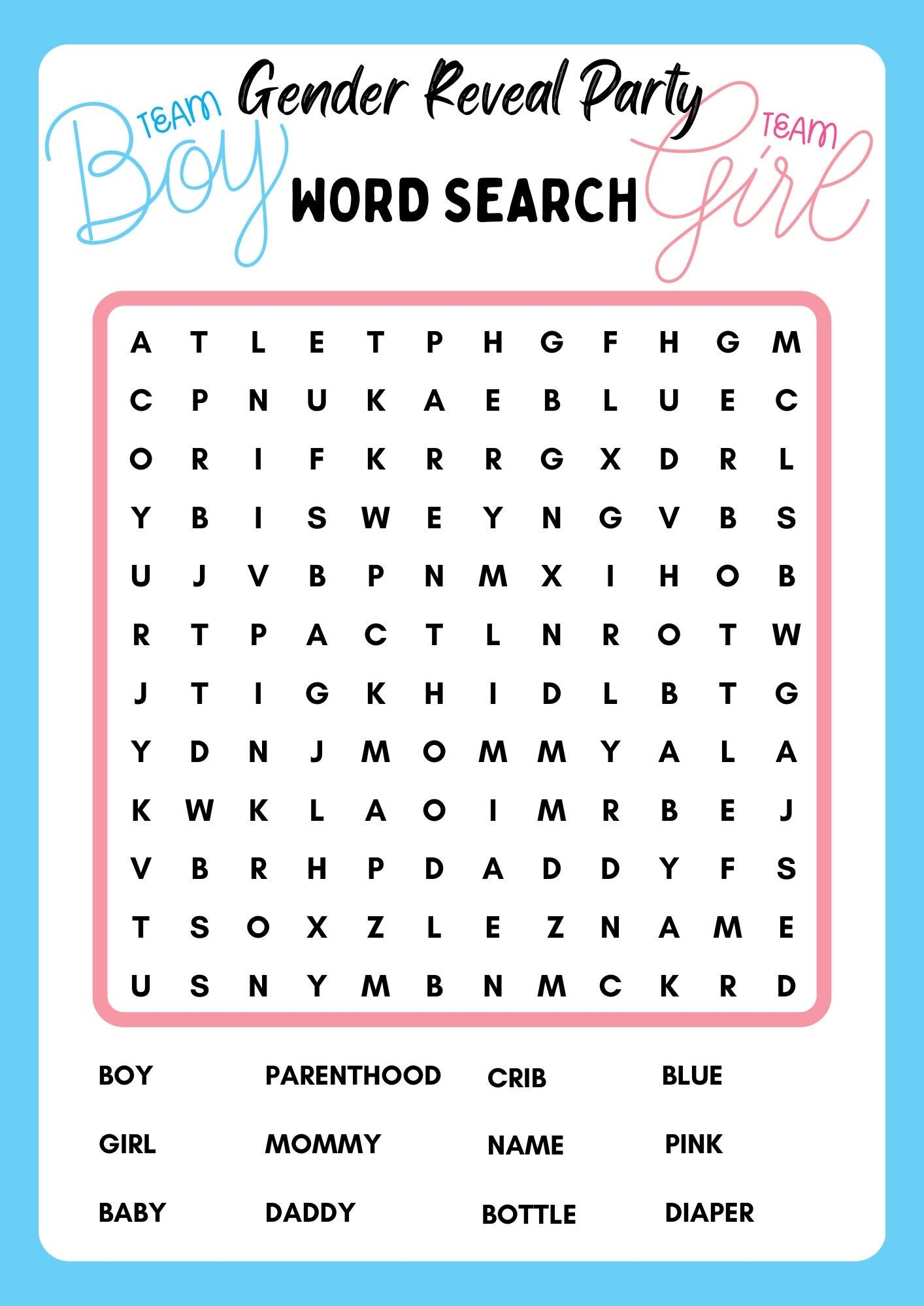 gender reveal party word search instant download printable pdf etsy