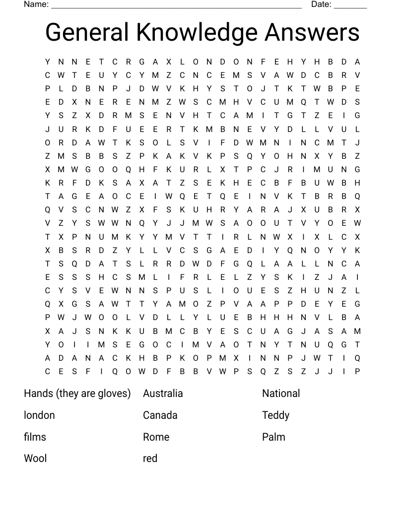 General Knowledge Answers Word Search WordMint General Knowledge Answers Word Search WordMint