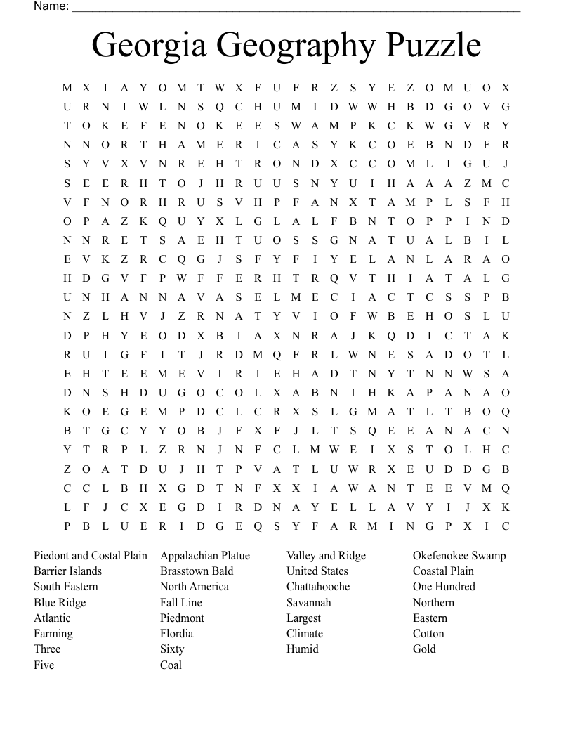 Georgia Geography Puzzle Word Search WordMint