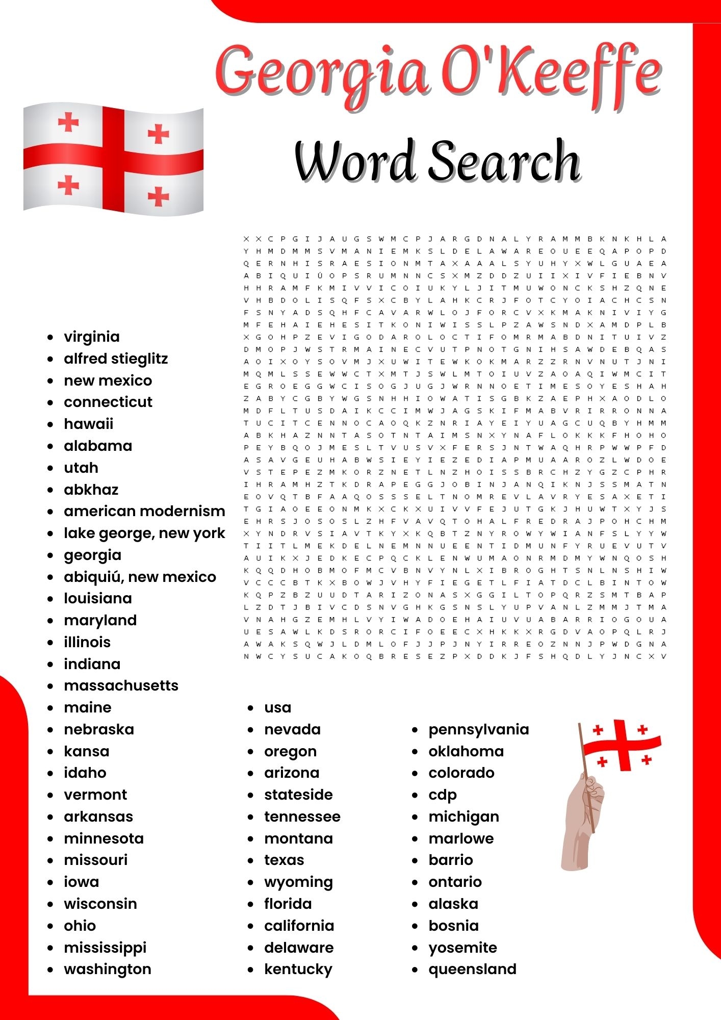 Georgia O Keeffe Word Search Puzzle Worksheet Activities For Kids Made By Teachers