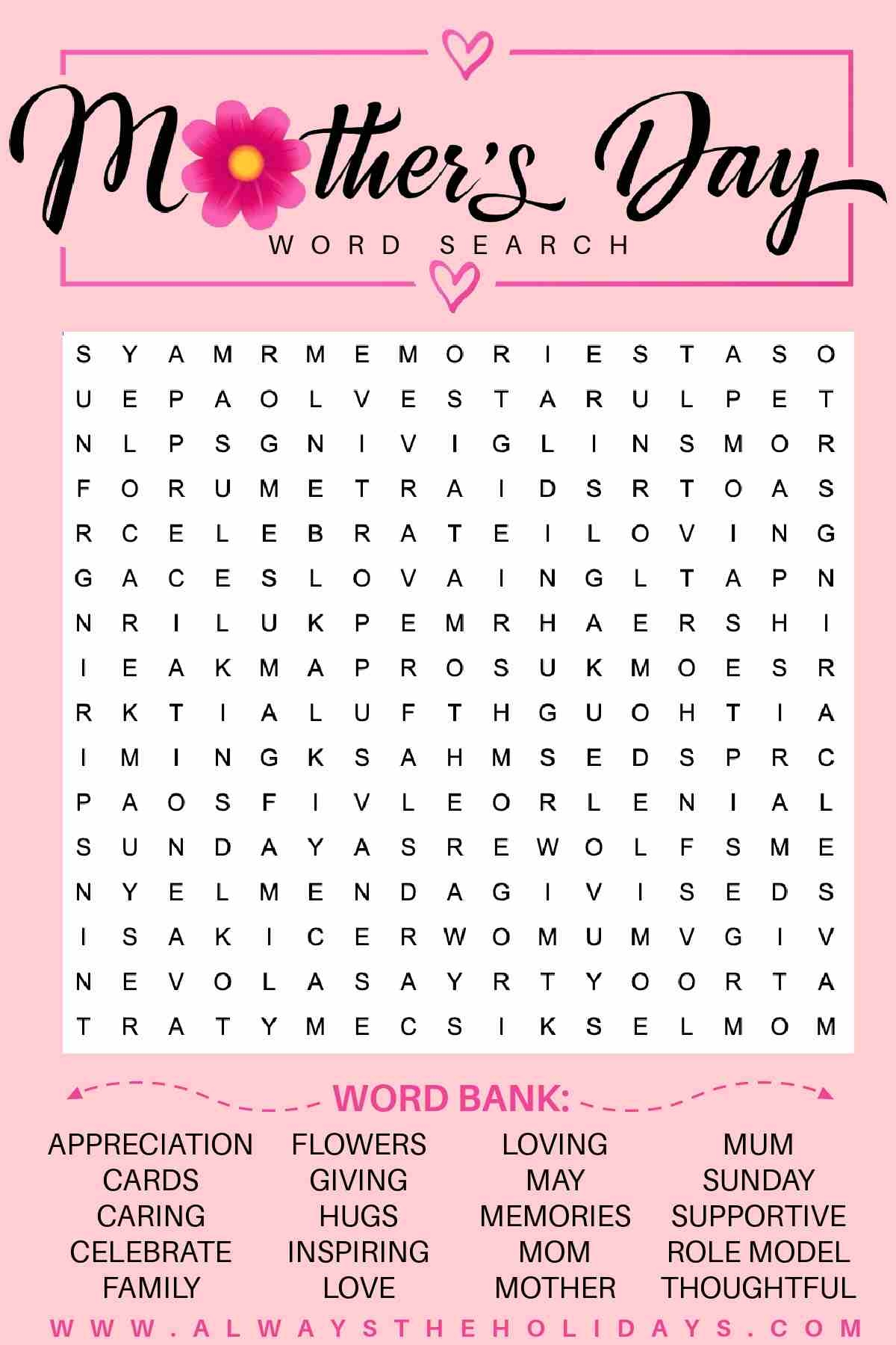 Get A Mother s Day Word Search Free Mother s Day Printable