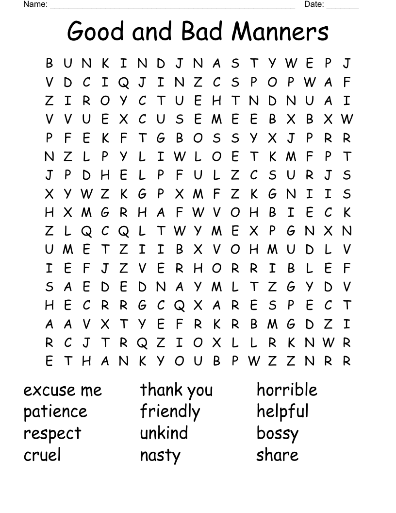 Good And Bad Manners Word Search WordMint