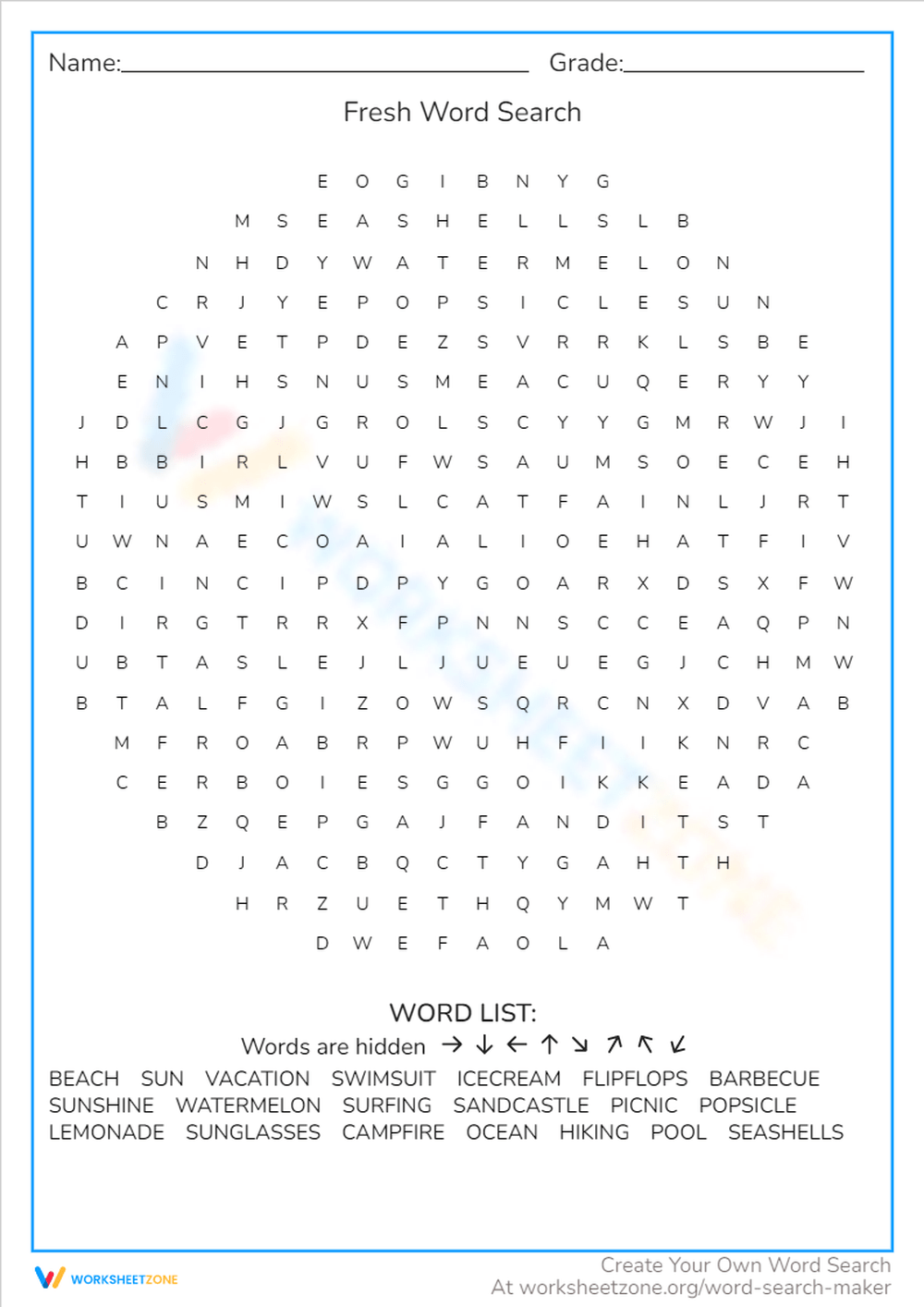 Grade 2 Summer Word Search