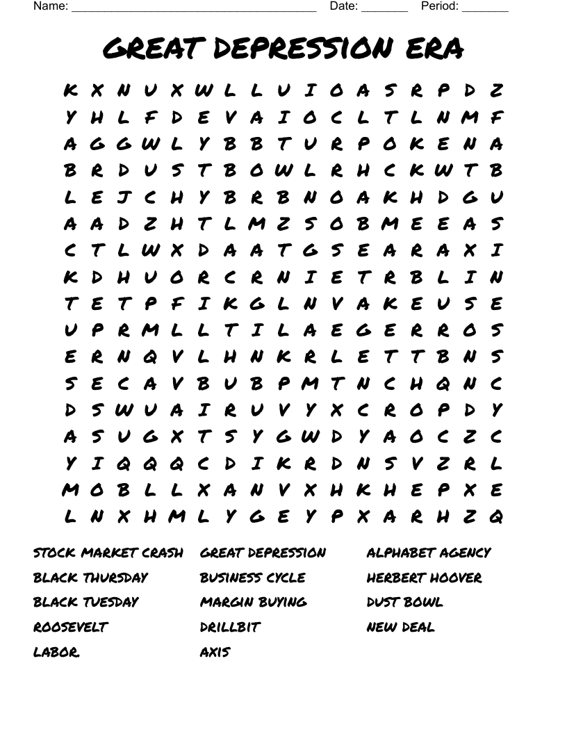 Great Depression Era Word Search WordMint