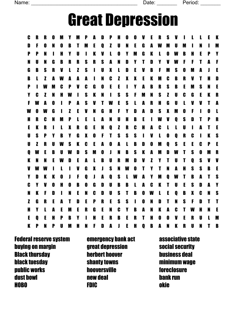 Great Depression Word Search WordMint