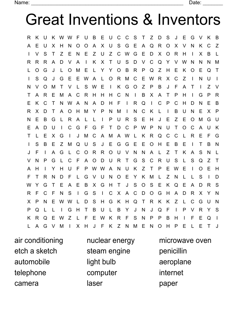 Great Inventions Inventors Word Search WordMint