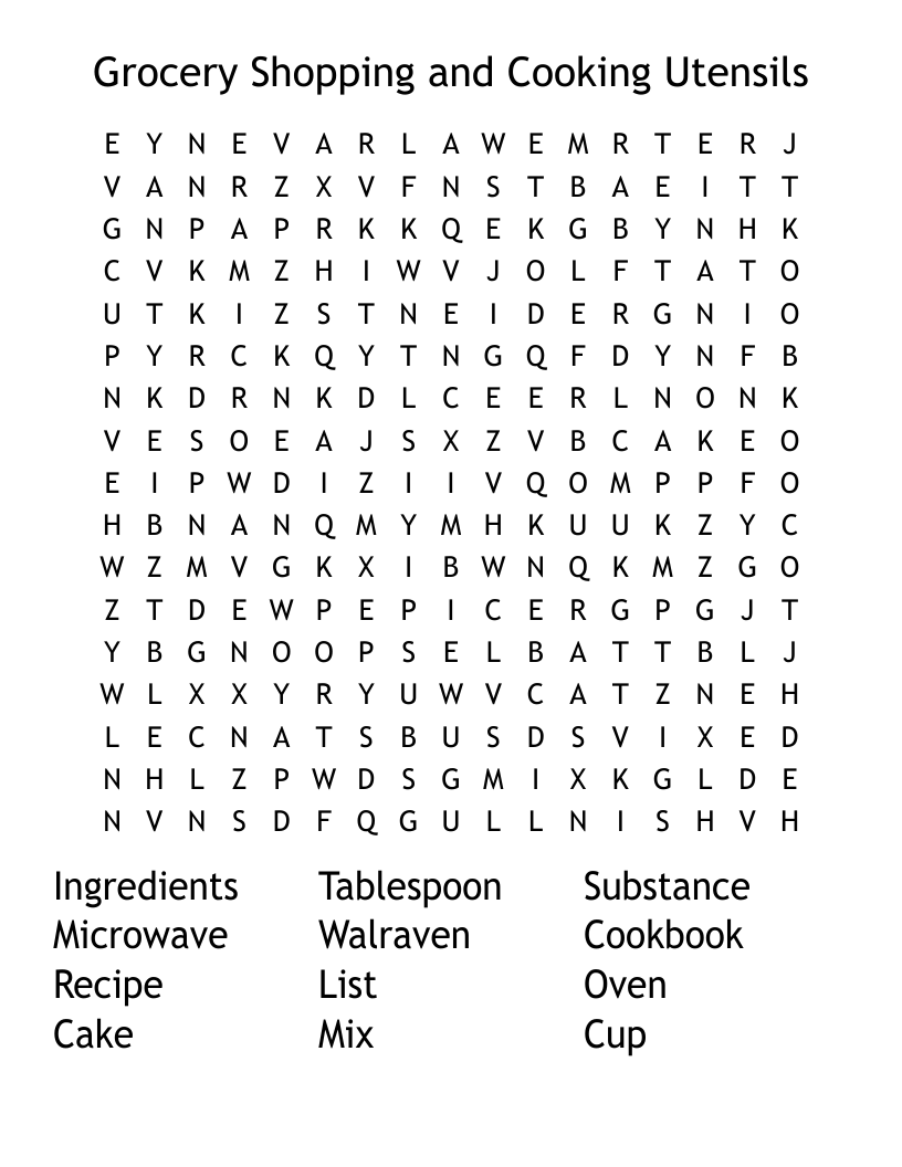 Grocery Shopping And Cooking Utensils Word Search WordMint
