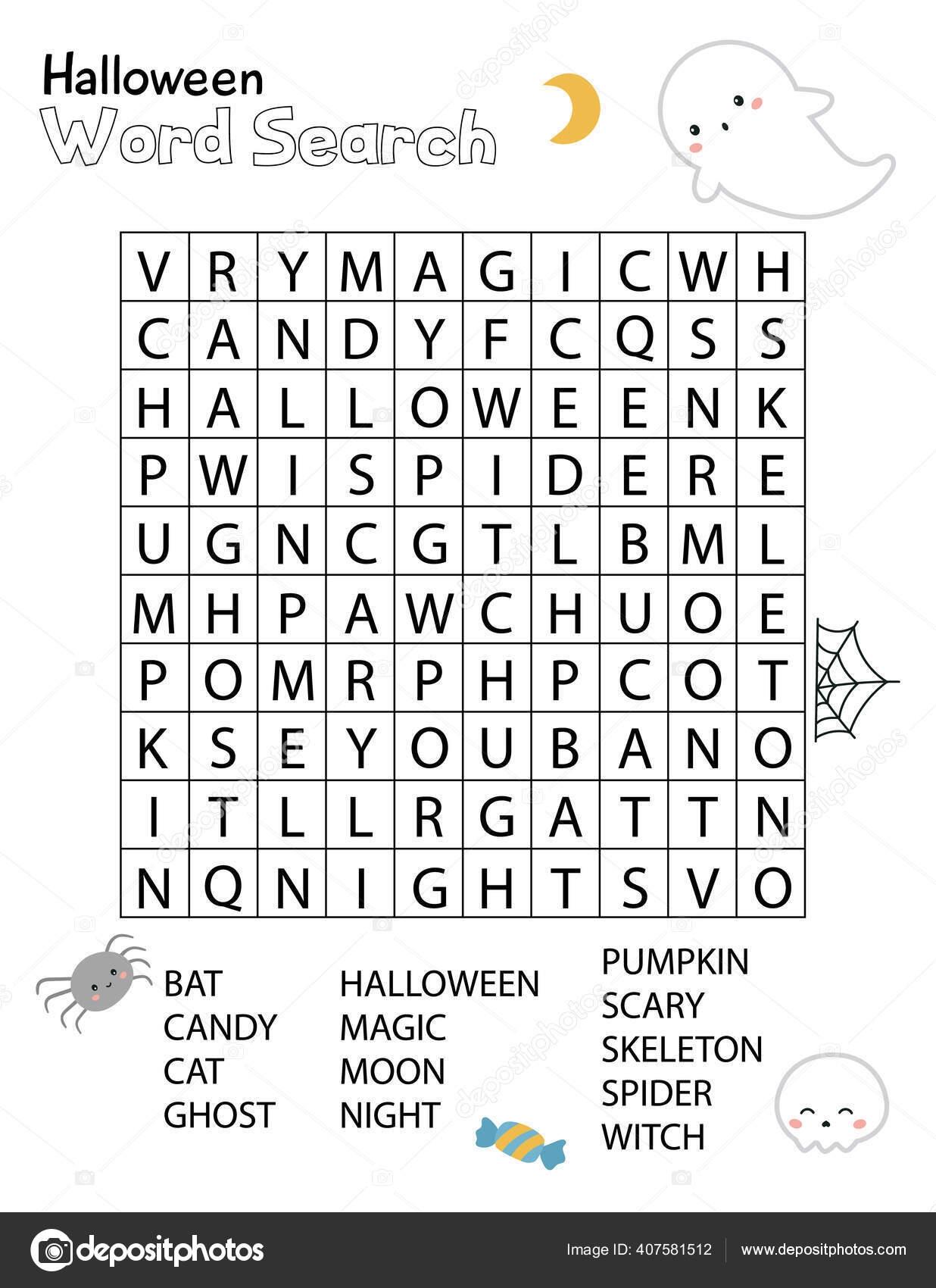 halloween word search crossword puzzle for children educational activity worksheet practice english language vocabulary funny kawaii ghost skull and spider stock vector by kristina0702 407581512