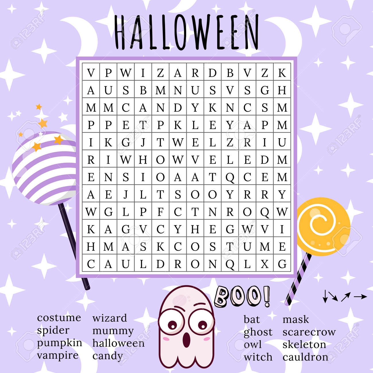halloween word search puzzle october crossword game printable worksheet for learning english words autumn theme find 16 hidden words party card vector illustration of ghost character royalty free svg cliparts vectors and