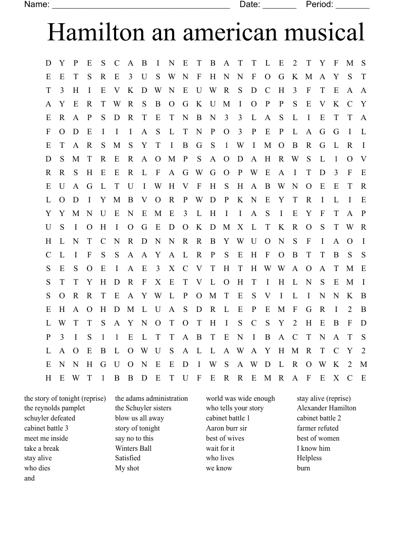Hamilton An American Musical Word Search WordMint