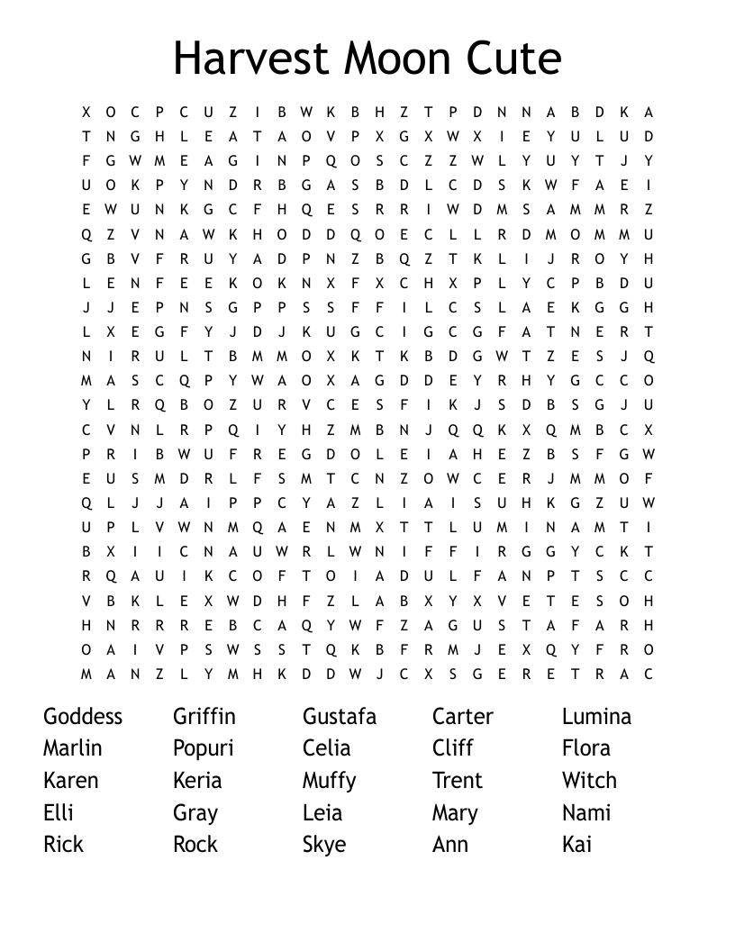 Harvest Moon Cute Word Search WordMint