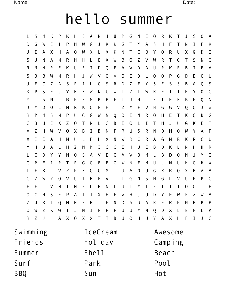 Hello Summer Word Search WordMint