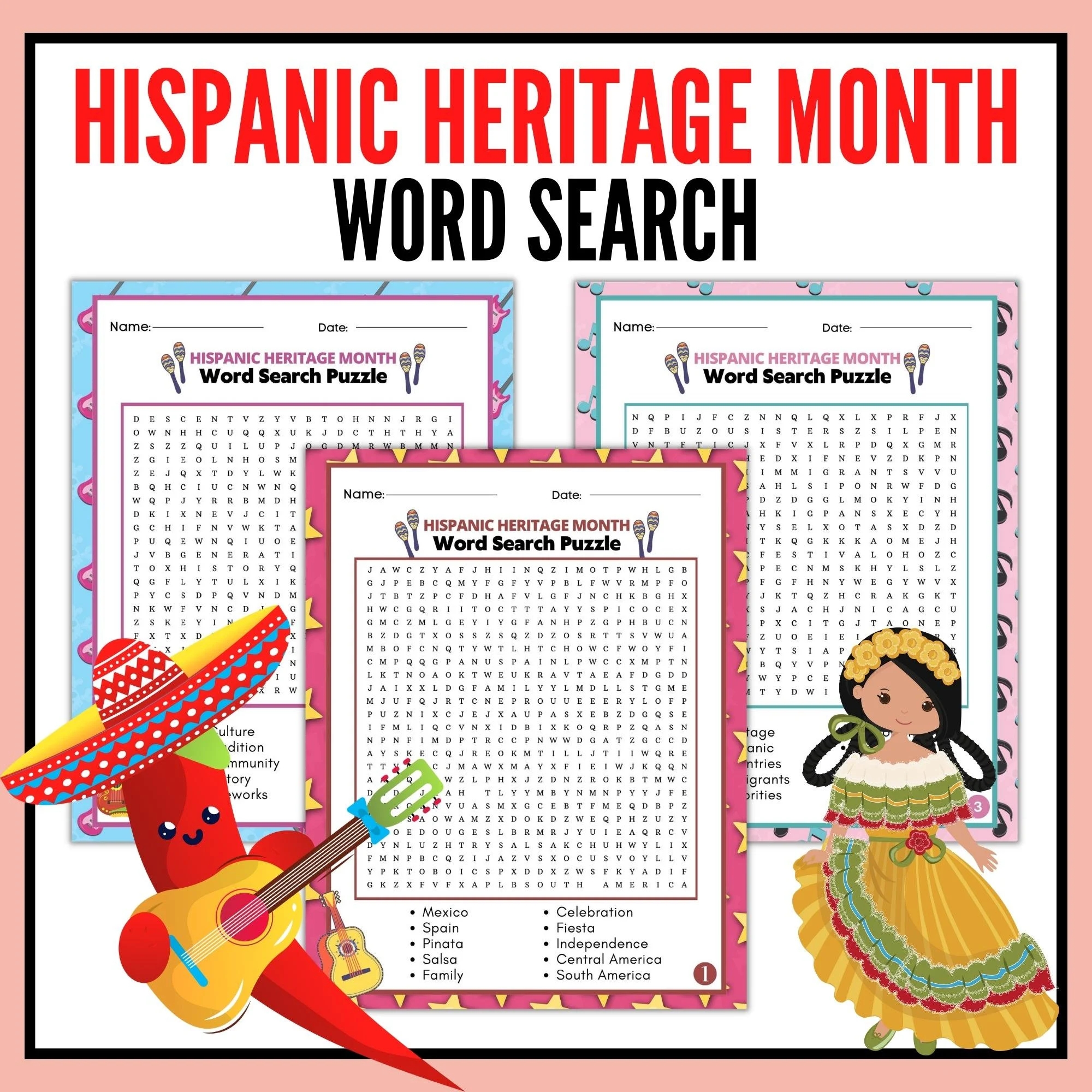 Hispanic Heritage Month Word Search Game National Hispanic Heritage Word Search Puzzles Latino Heritage Month Cinco De Mayo Activity Etsy