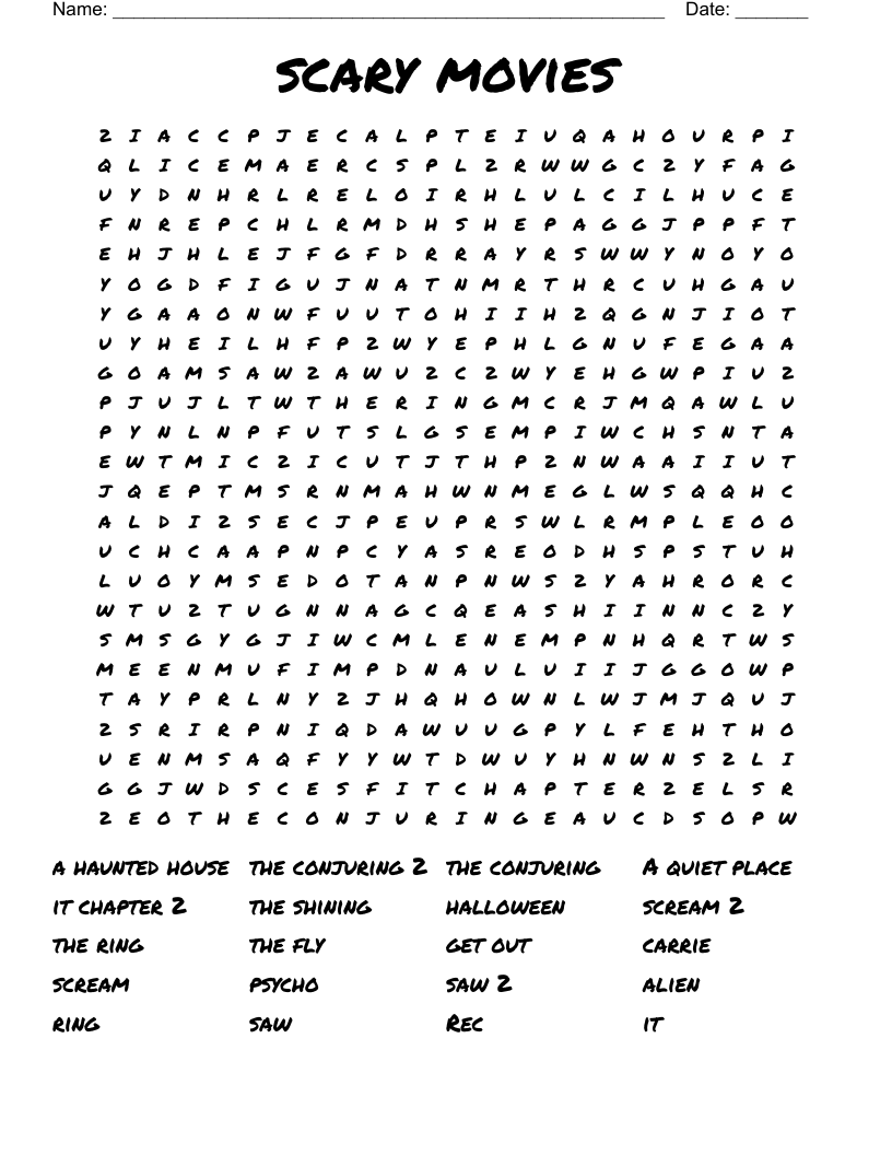 Horror Movies And Charaters Word Search WordMint