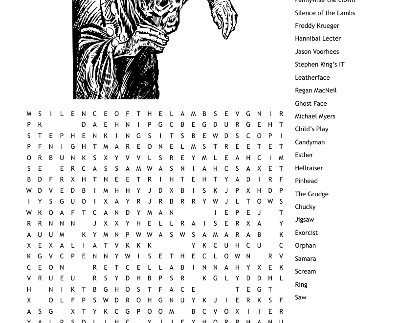 Horror Movies And Charaters Word Search WordMint