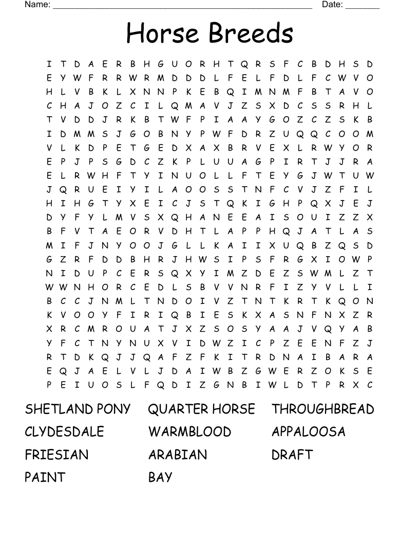 Horse Breeds Word Search WordMint