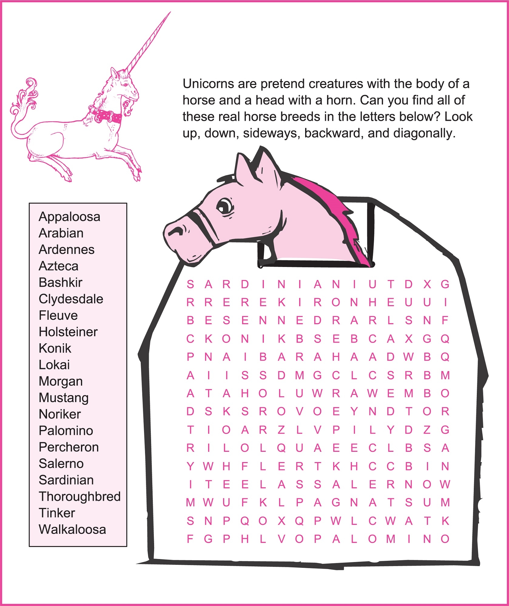 Horse Breeds Word Search Printable