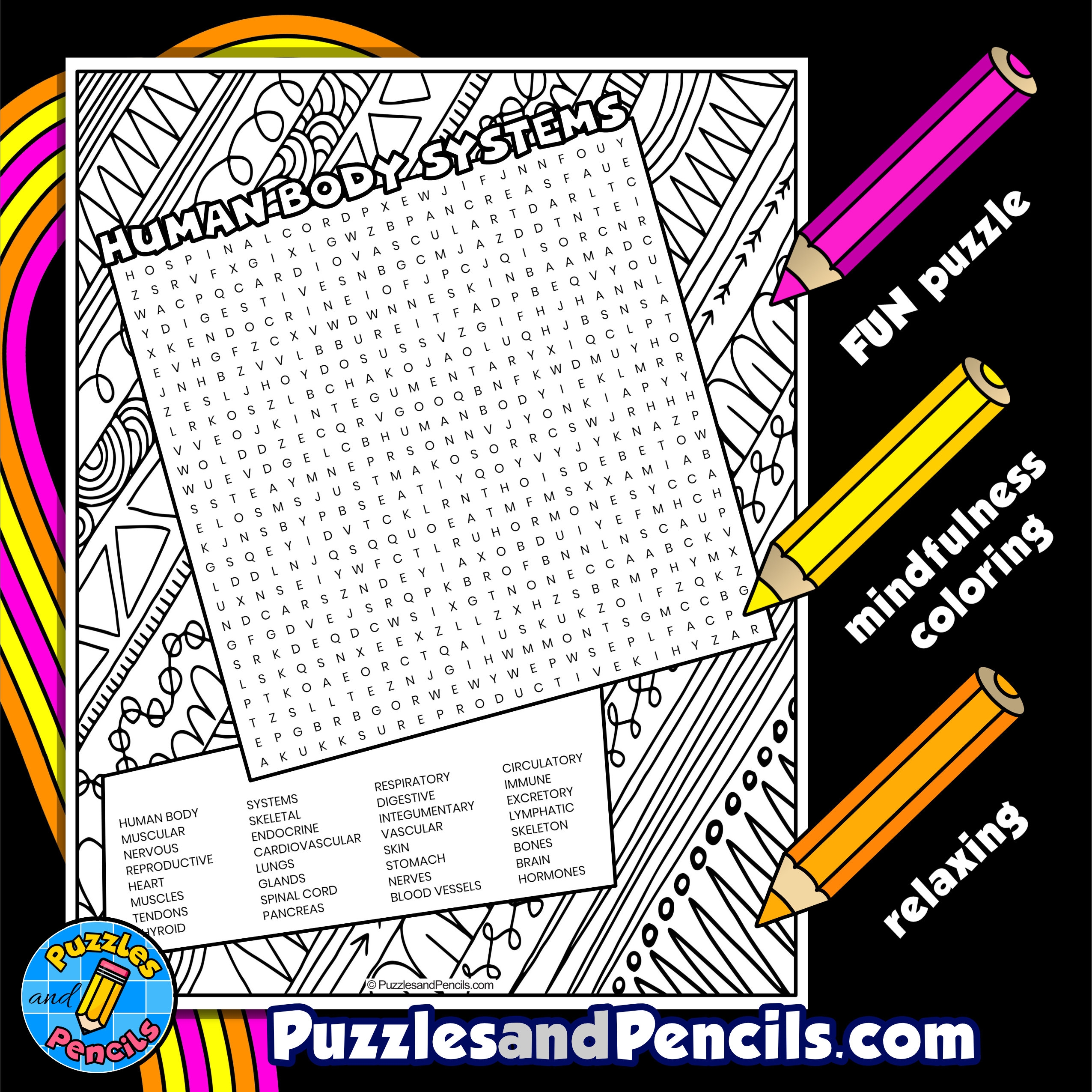 Human Body Systems Word Search Puzzle With Coloring Wordsearch Made By Teachers