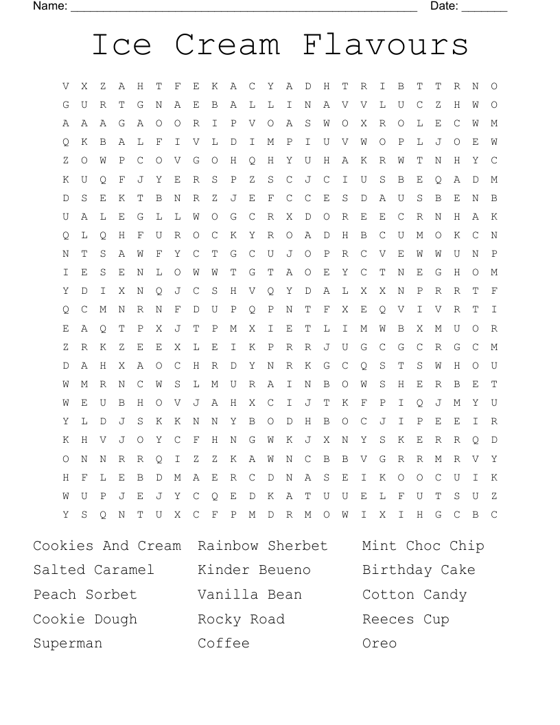 Ice Cream Flavours Word Search WordMint