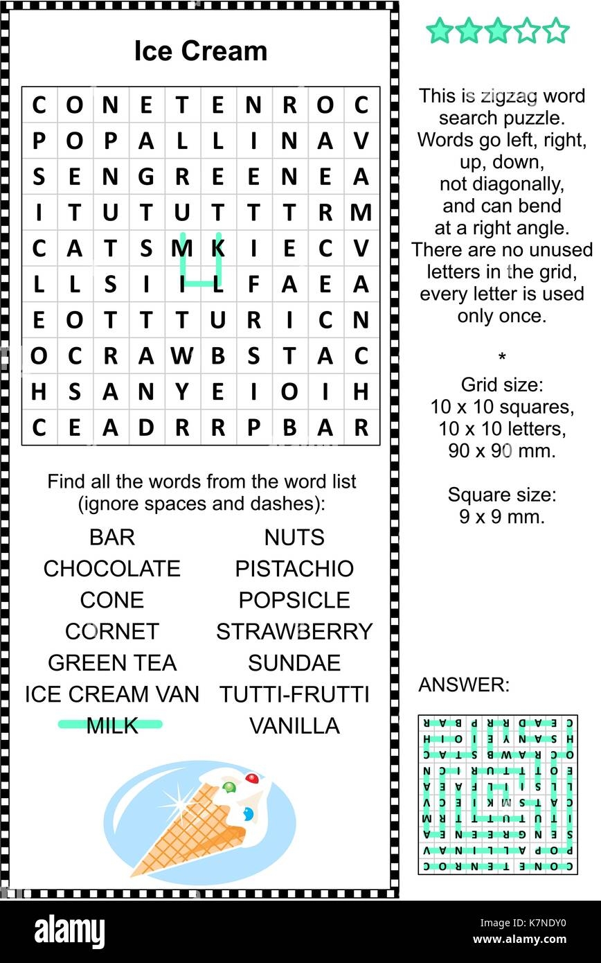 Ice Cream Themed Word Search Puzzle Answer Included Stock Vector Image Art Alamy