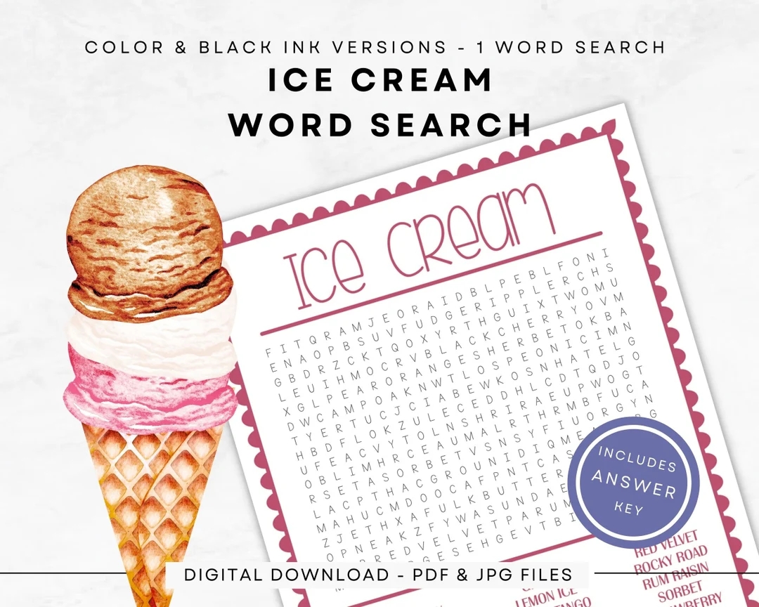 Ice Cream Word Search Instant Download Print In Color black Ink US Letter Full half Pages Keep Your Brain Sharp With Puzzles Etsy