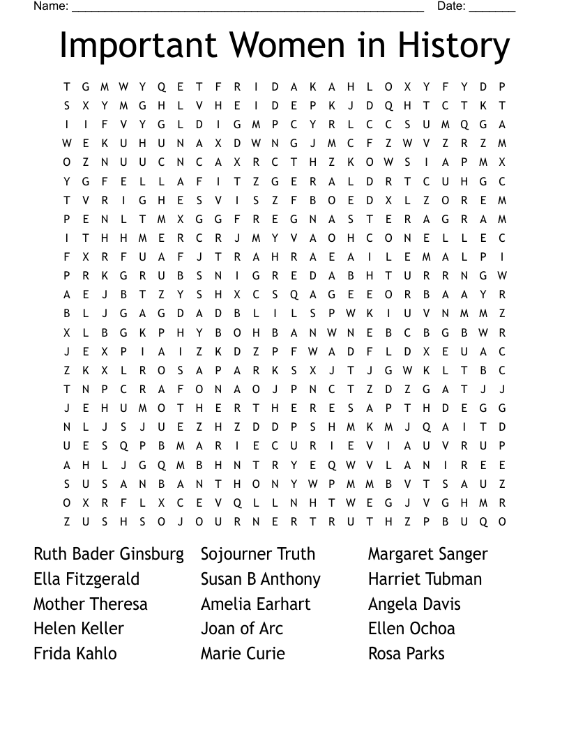 Important Women In History Word Search WordMint