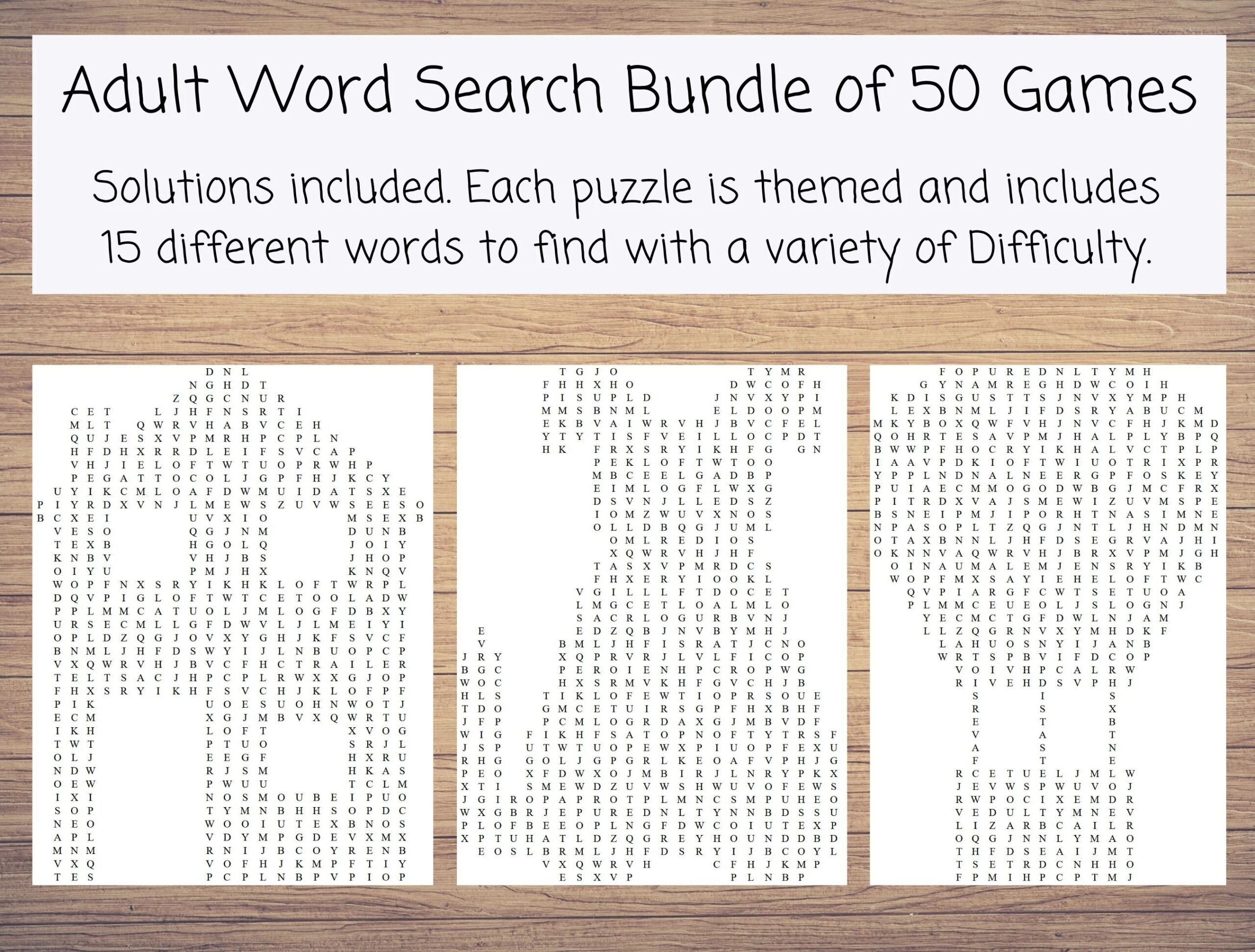 Instant Printable Word Search For Adults With 50 Themed Word Searches 15 Words To Find In Each Word Search Puzzle Etsy
