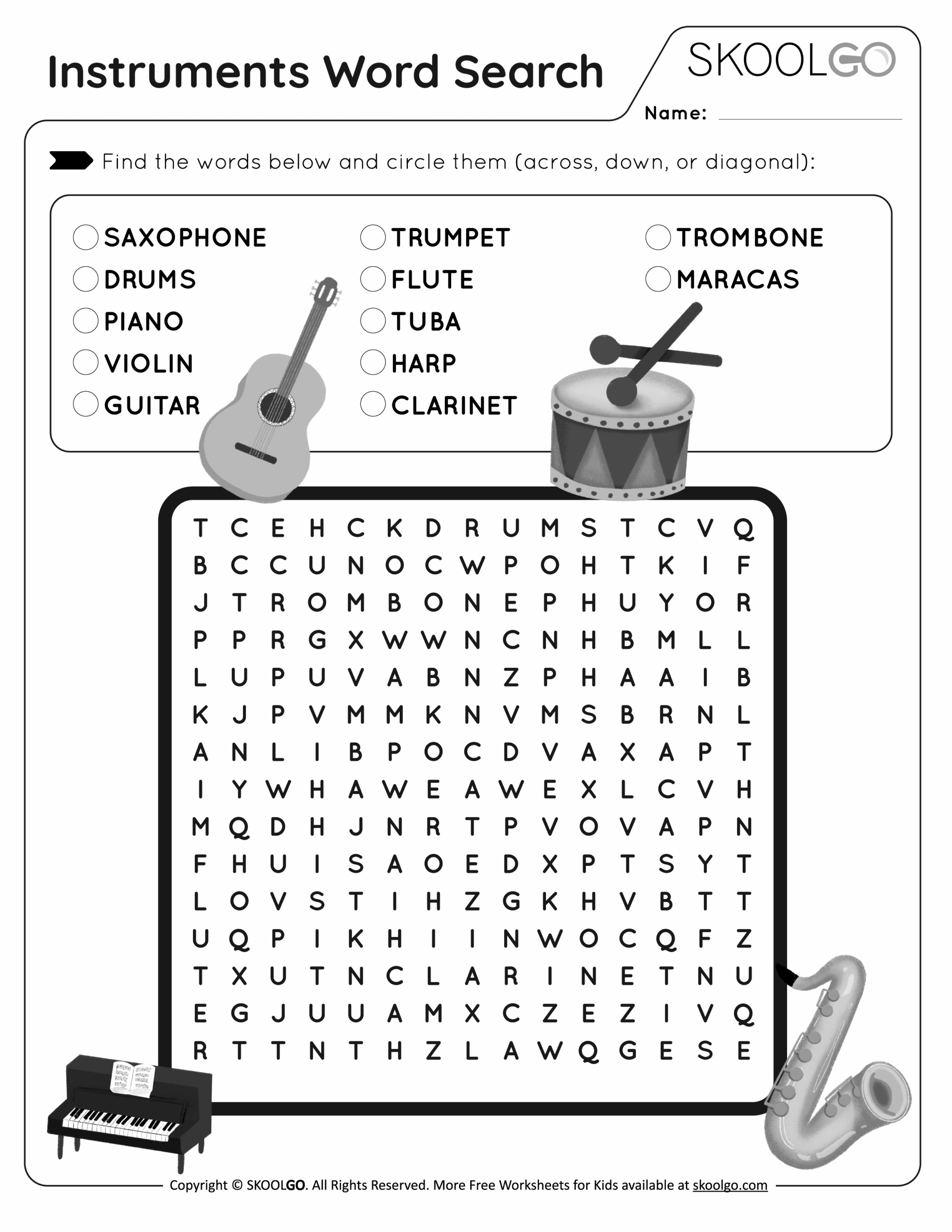 Instruments Word Search Printable