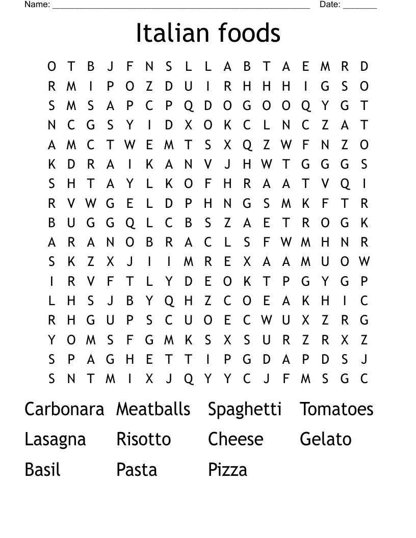 Italian Foods Word Search WordMint