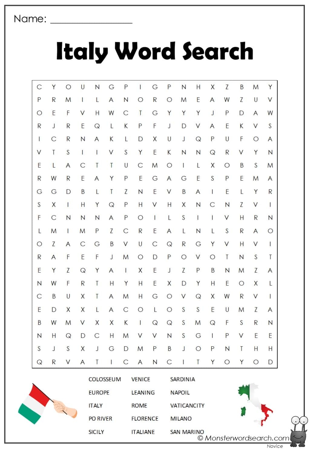 Italy Word Search Monster Word Search
