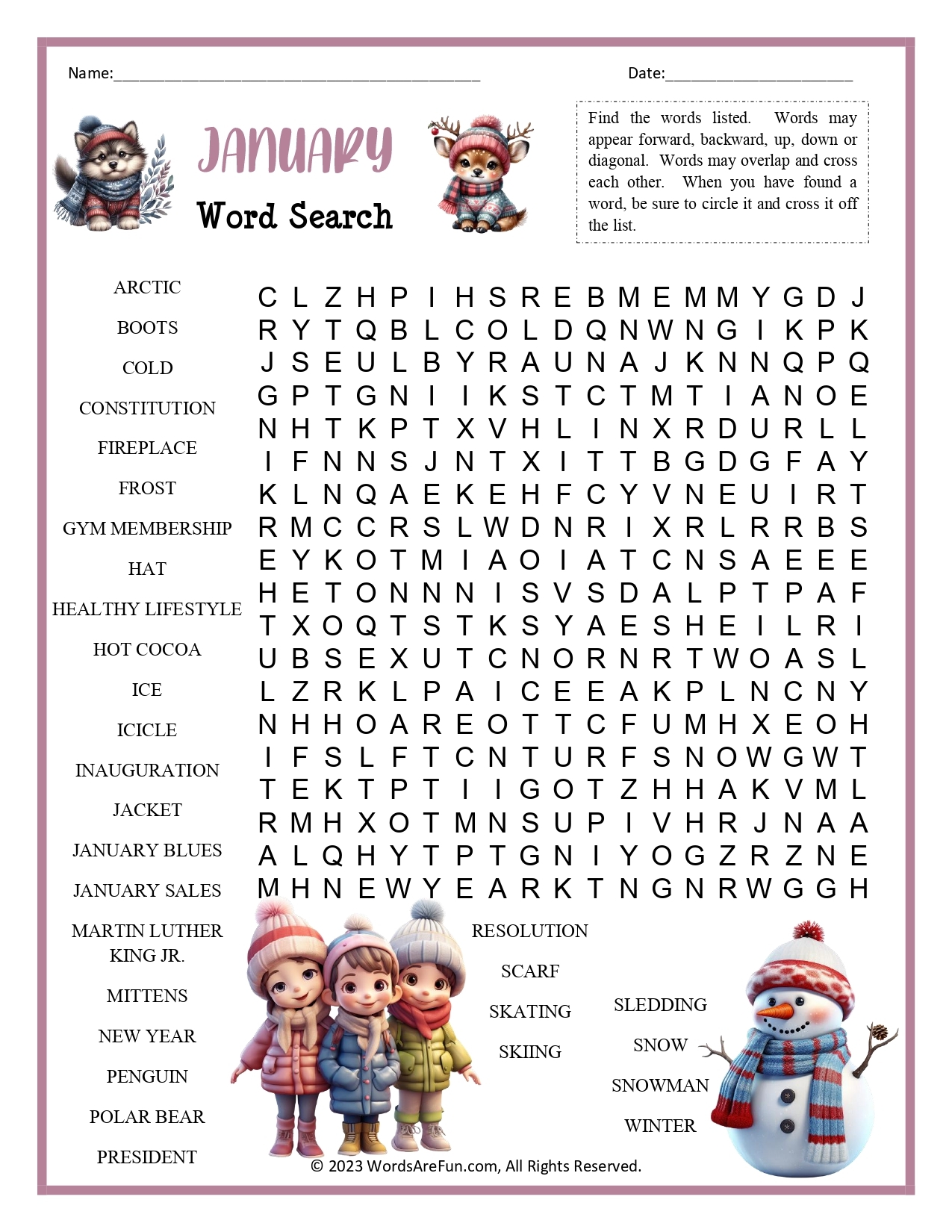 January Word Search Free Printable