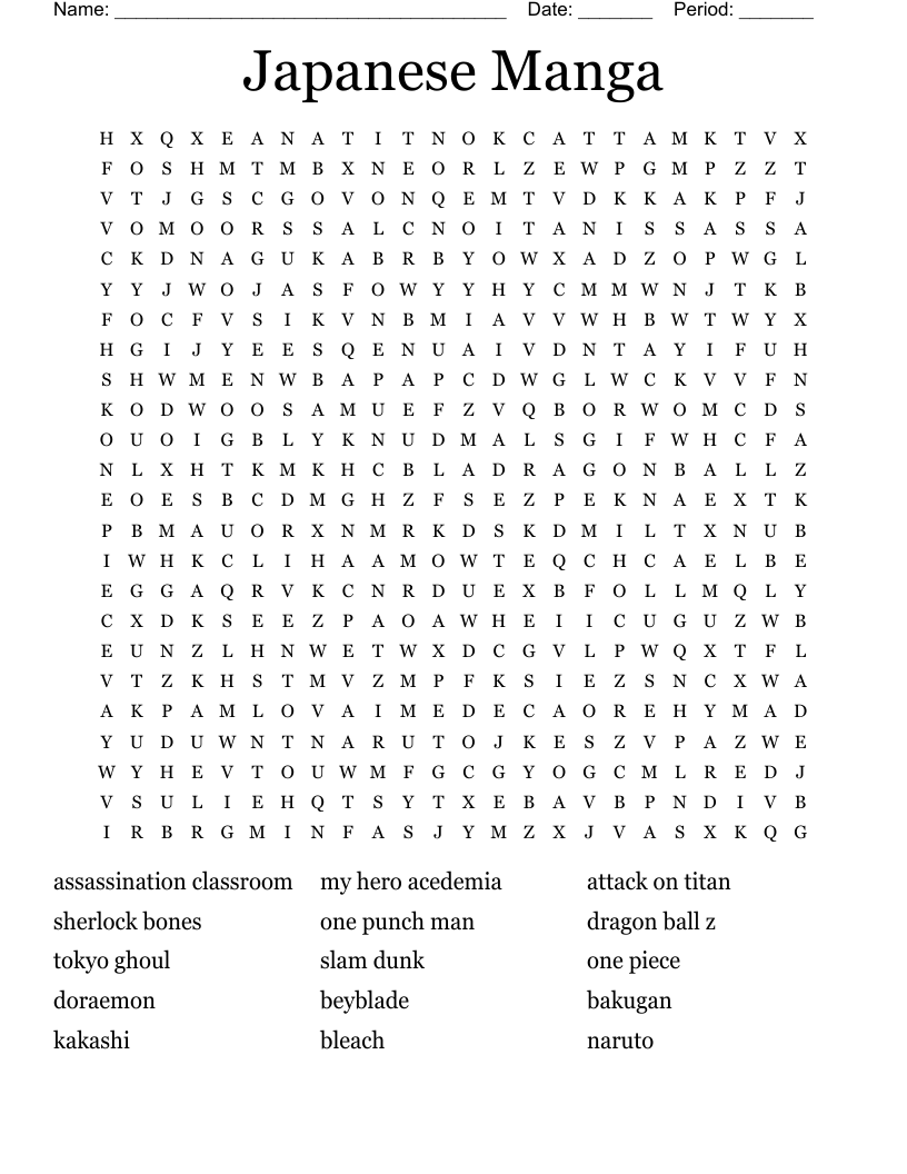 Japanese Anime Word Search Free Printable