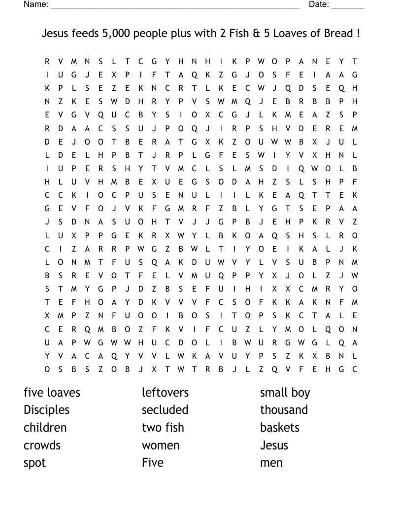 Jesus Feeds 5 000 People Plus With 2 Fish 5 Loaves Of Bread Word Search WordMint