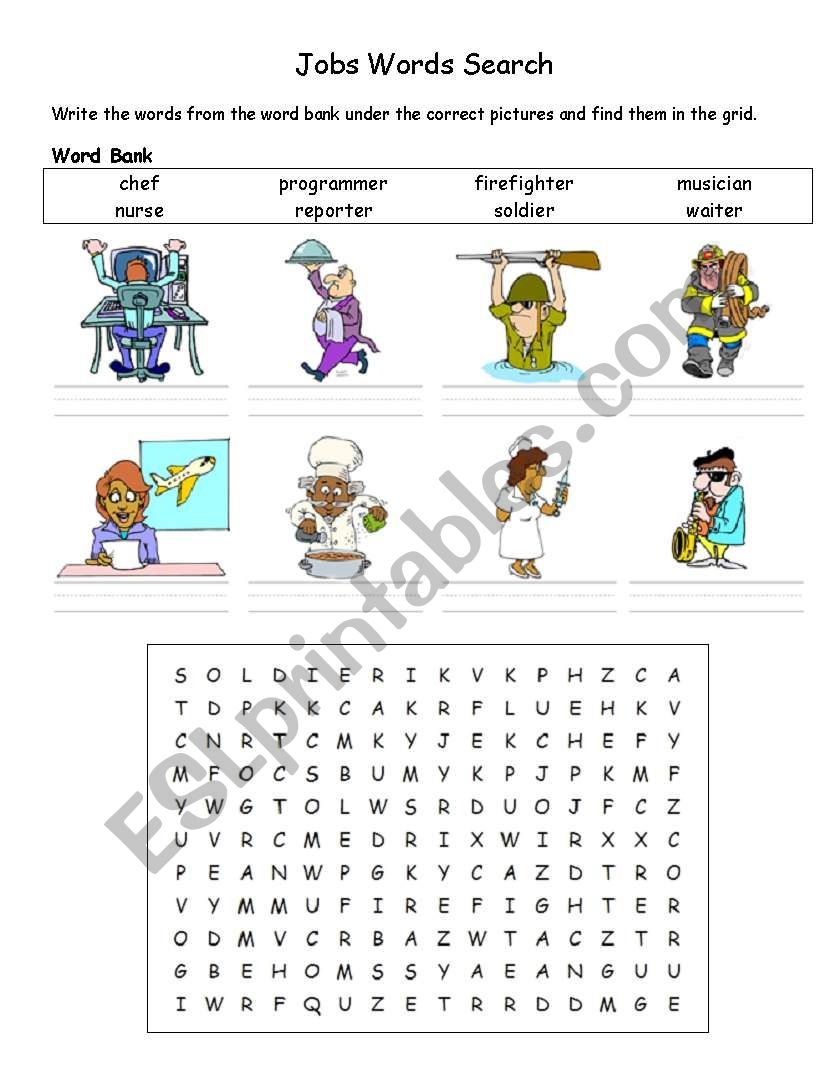 Free Printable Word Search Sheet On Jobs