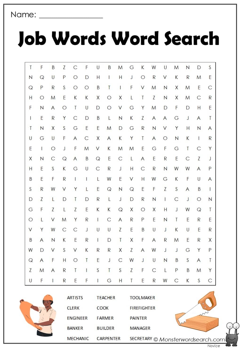 Job Words Word Search Monster Word Search