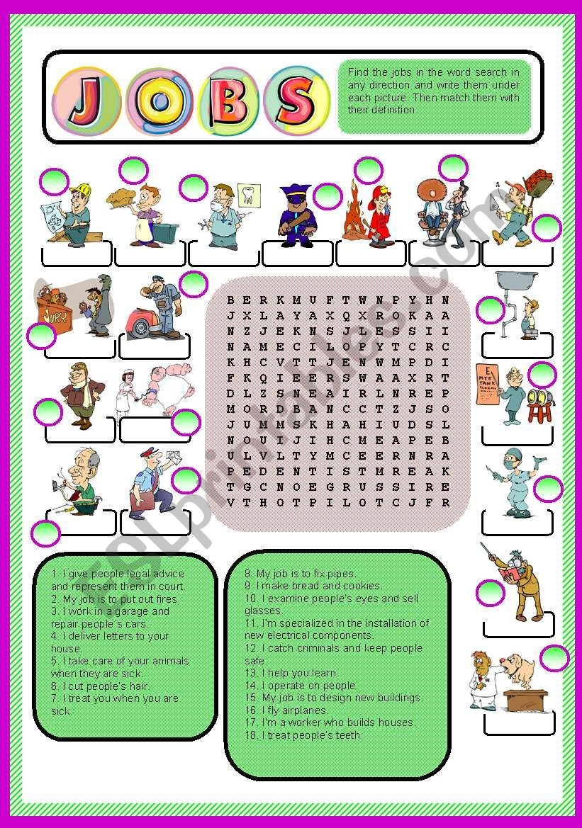 JOBS Word Search Matching Definition Key ESL Worksheet By Cagreis
